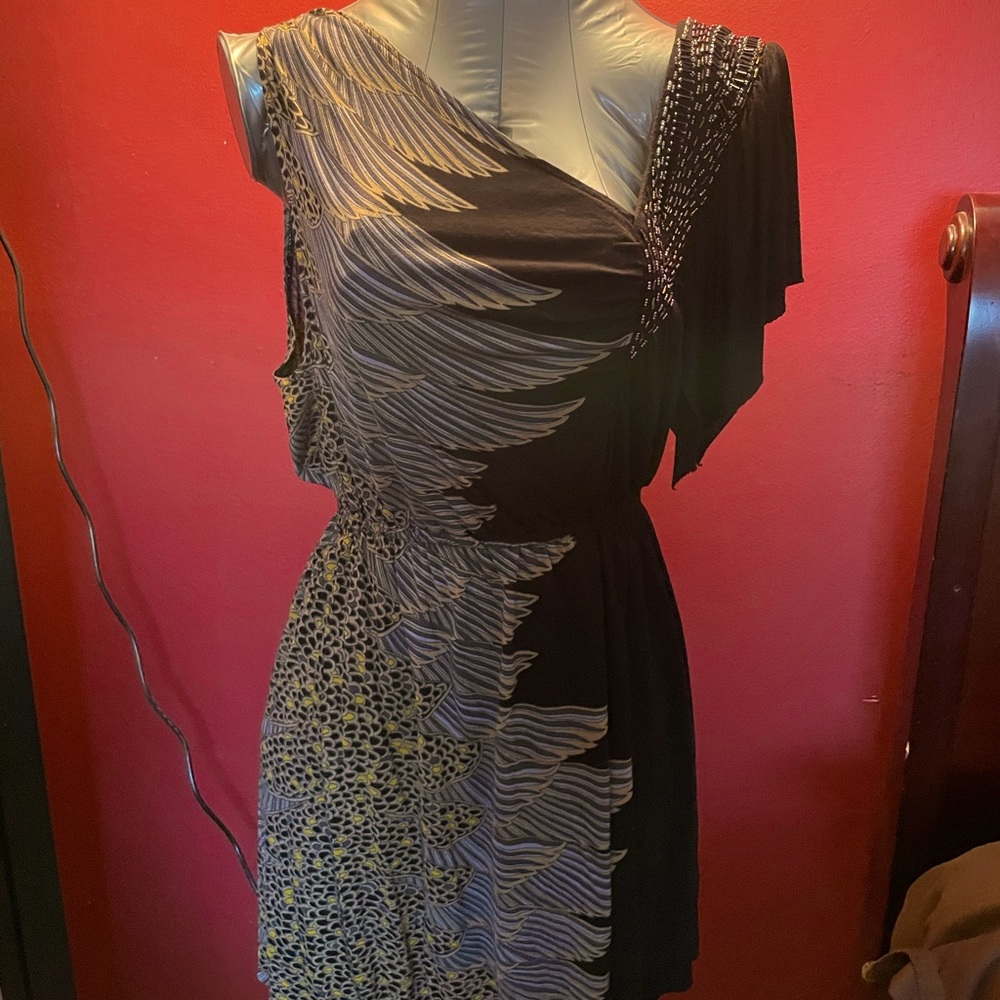 Free People Sm Feather Print Beaded Shoulder Dress